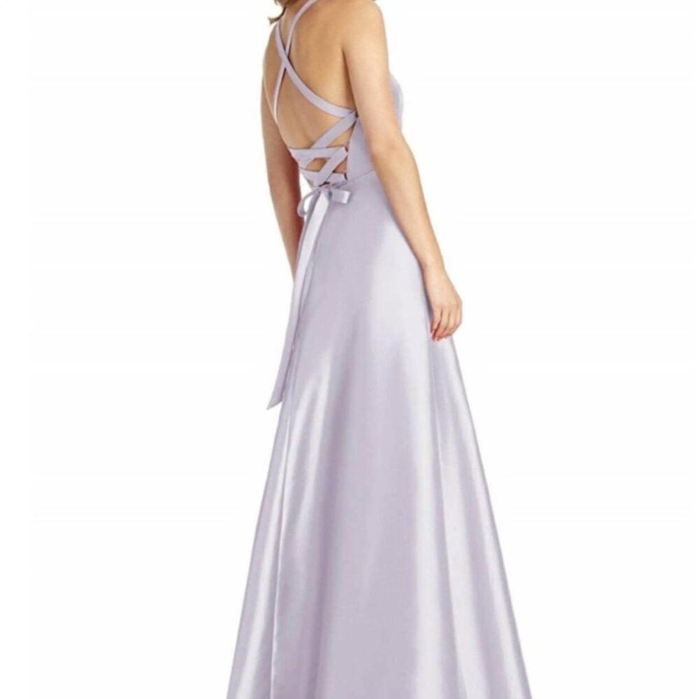 ALFRED SUNG Lavender Satin Maxi Dress with Lace-Up Back